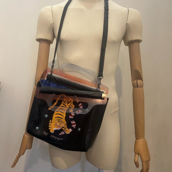 Min & Mon Creatures of the Future Black Leather Crossbody Handbag - Picture 3 of 6